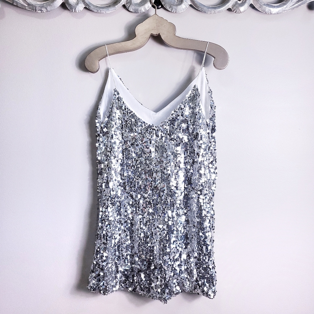 NEW Silver Sequin Mini Dress Spaghetti Strap V Neck Formal Short - Picture 7 of 10